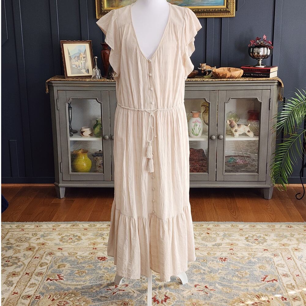 Lucky Brand Cotton Gauze Maxi Dress Sz L Boho Prairie Beachy